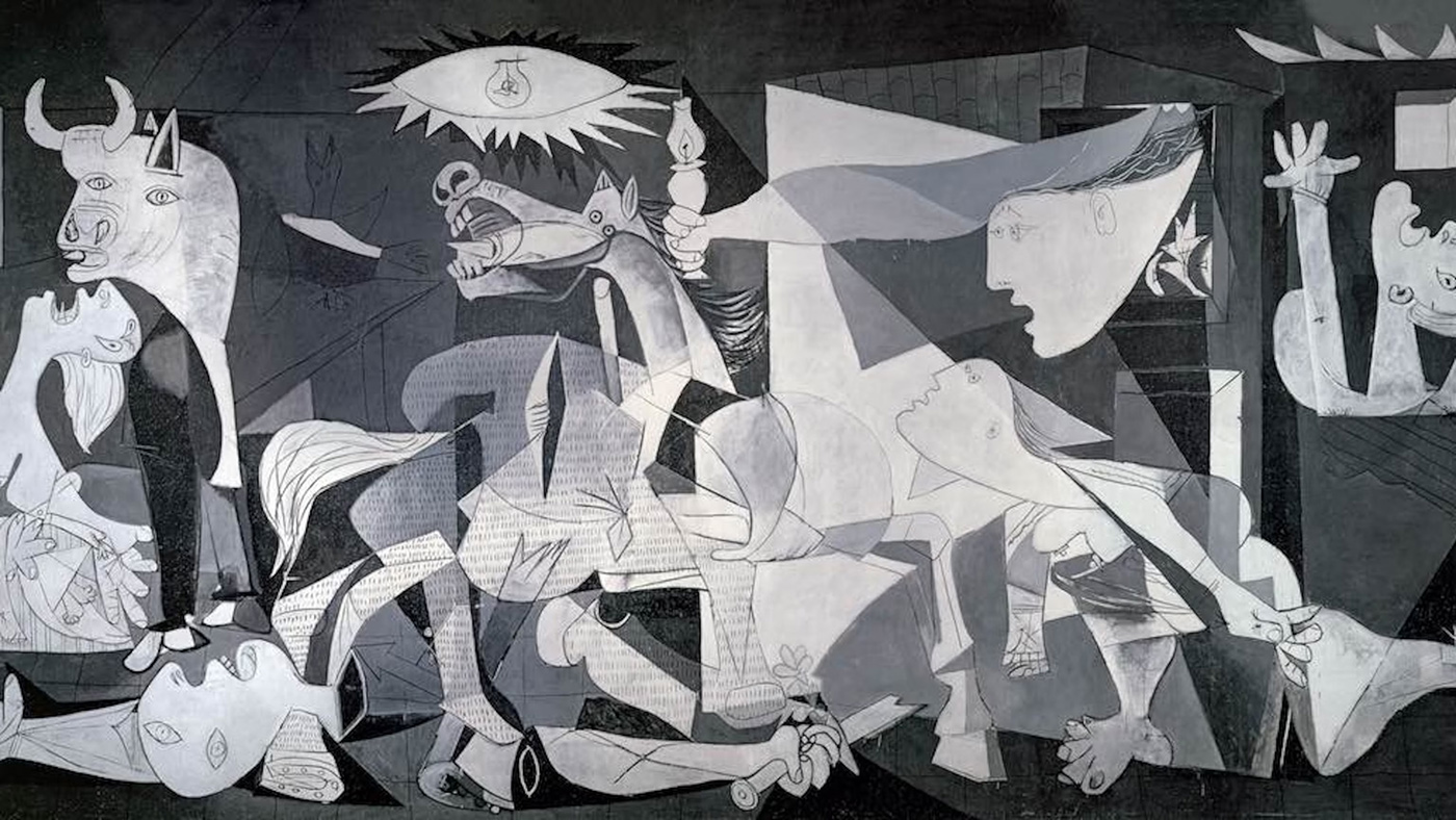 black and white oil painting by Picasso titled Guernica